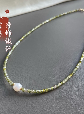 天然珍珠橄榄色锆石混搭项链女款轻奢锁骨链绿宝石色石头串珠项链