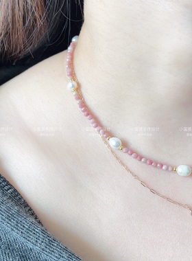 张元英同款粉色蔷薇石天然淡水珍珠项链女锁骨链温柔红纹石色米珠