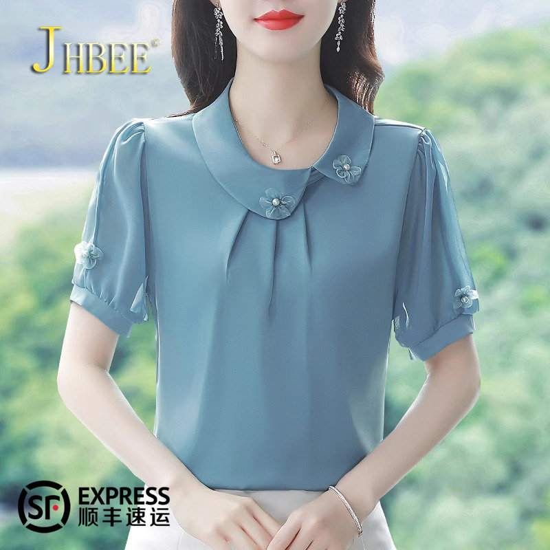 短袖洋气冰丝衬衫夏季女士2025新款减龄妈妈夏装薄款半袖雪纺上衣
