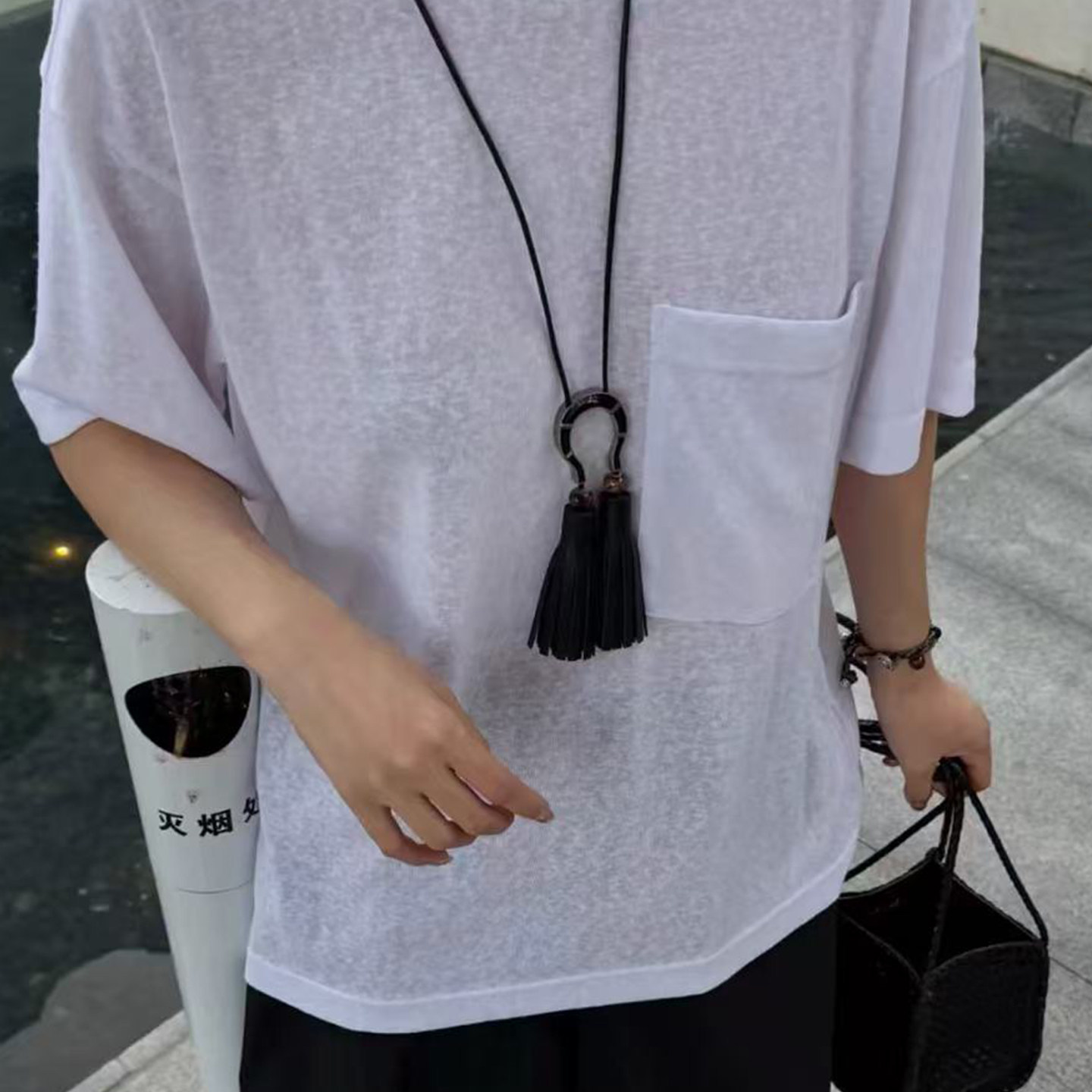 卖耳环的老大爷 马蹄扣编织流苏挂绳毛衣链项链