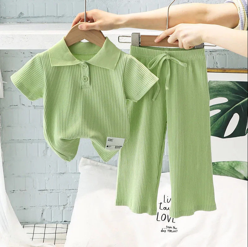 儿童夏季新款运动服女童韩版POLO翻领上衣阔腿裤宝宝薄款休闲