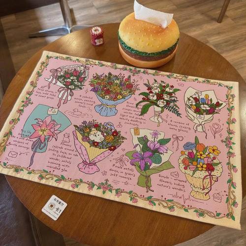 原创鲜花蛋糕棉麻桌布桌面垫可爱装饰手账背景布书桌茶几柜子盖布