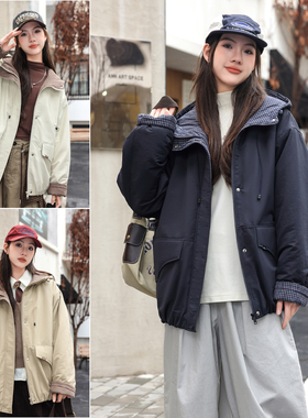 骄骄虎女大童夹棉外套2025冬季新款初中生高中生洋气格子连帽7527