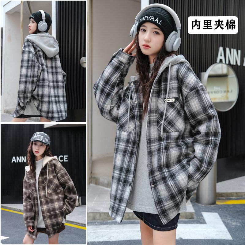 骄骄虎女大童夹棉秋冬外套2024新款初中生韩版连帽加棉衬衫潮6456