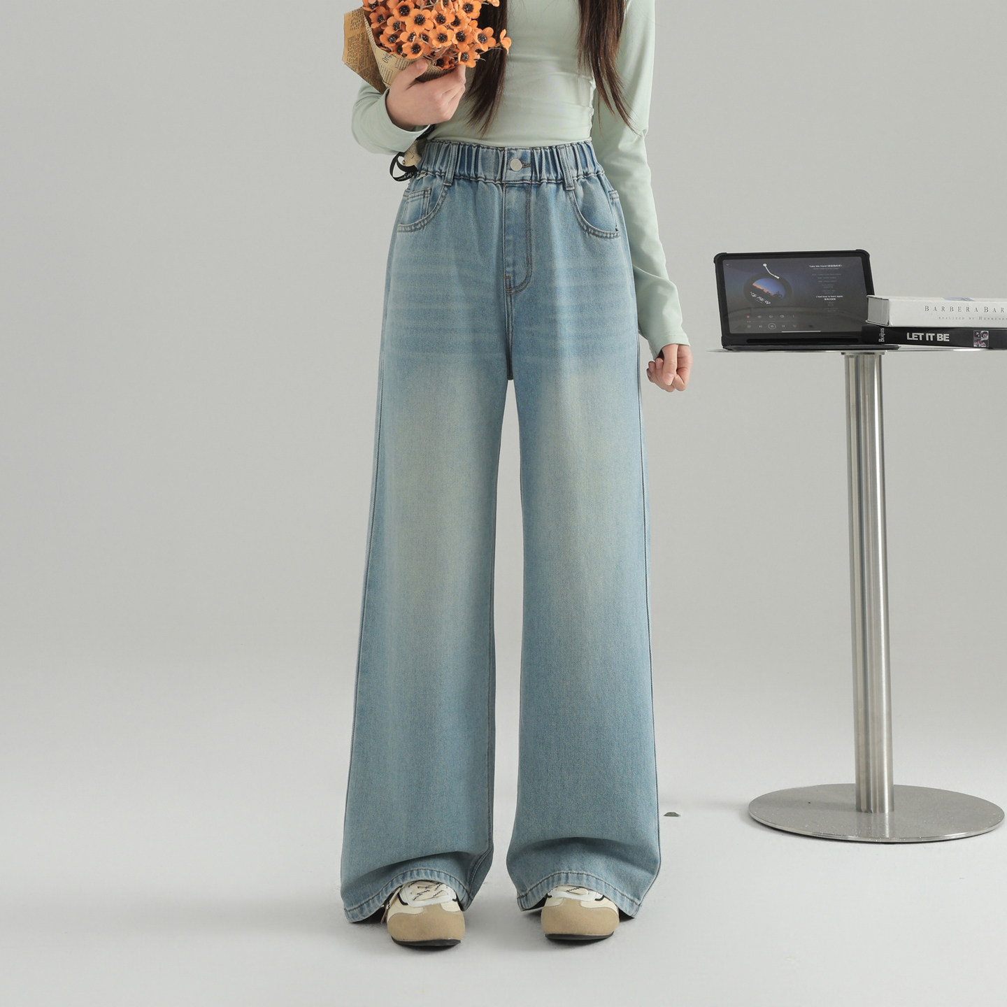 骄骄虎女童牛仔裤直筒裤2026春装新款初中生女大童松紧腰长裤9037