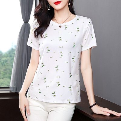 网红爆款妈妈装白色印花短袖T恤女宽松圆领百搭显瘦中年女装上衣
