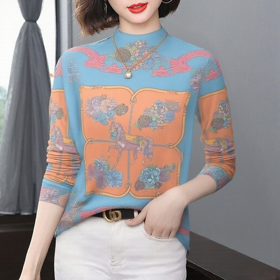 半高领加绒加厚印花显瘦妈妈T恤