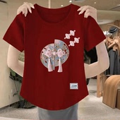 T恤女小众百搭复古圆领拼接新中式 夏季 新客短袖 遮肚外穿ins上衣潮