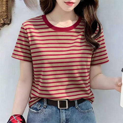 清仓短袖t恤女2026新款胖mm大码女装中年妈妈宽松黑白条纹上衣女