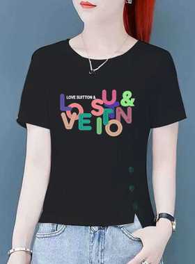 妈妈装正肩圆领黑色仿棉短袖t恤女夏季新款修身甜辣妹显廋小上衣