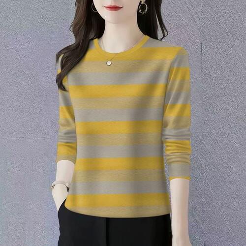 今年流行品牌薄款条纹长袖圆领T恤女宽松显瘦遮肚百搭妈妈上衣