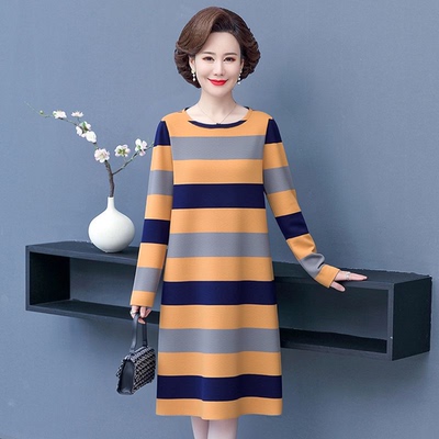 清仓捡漏~高档休闲风条纹长袖连衣裙女中长款宽松显瘦减龄妈妈装