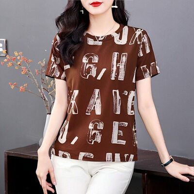 清仓捡漏~高档妈妈装短袖印花T恤女宽松圆领百搭减龄上衣中老年