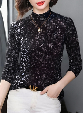 秋冬新品黑色亮片半高领长袖打底衫女洋气显瘦中年妈妈高级感上衣