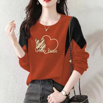 小众外穿圆领撞色印花上衣德绒时尚胖mm长袖字母国潮秋冬打底衫女