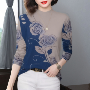 优雅风半高领长袖 减龄遮肚中老年上衣 印花T恤女妈妈装