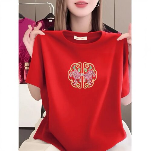 清仓捡漏中老年女装复古风商场同款新中式花朵妈妈装短袖T恤圆领