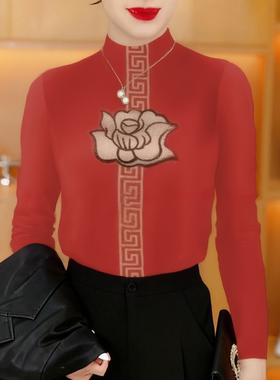 妈妈装中老年女装长袖立领刺绣打底衫红色加绒加厚时尚洋气上衣