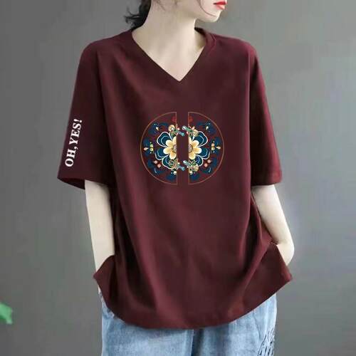 清仓捡漏外贸妈妈V领短袖休闲宽松胖妹妹显瘦上衣印花设计感小众