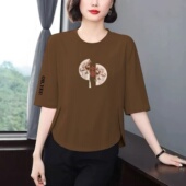 清仓捡漏妈妈中国风七分袖 T恤女中老年宽松印花圆领百搭减龄上衣