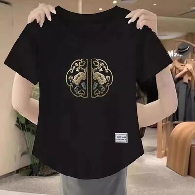 新中式盘扣短袖T恤女2026夏季新款设计感字母印花正肩体恤短上衣