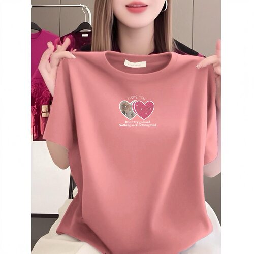 清仓捡漏中老年女装印花爱心套头宽松型聚酯纤维短袖圆领爱心图案
