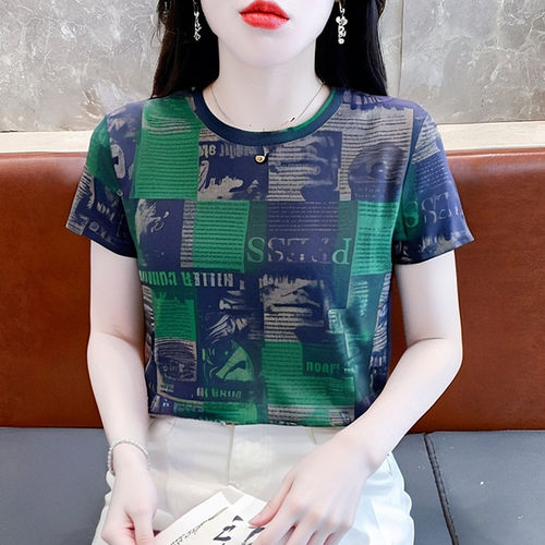 拼色宽松正肩t恤女夏季印花女士短袖2026新款洋气显瘦圆领上衣服