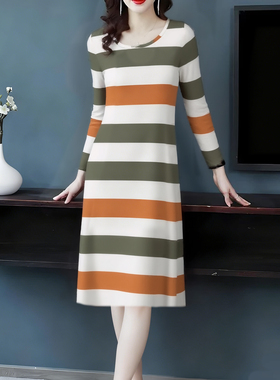 中长款显瘦减龄修身蓝色裙子清仓捡漏新品秋冬条纹长袖连衣裙女