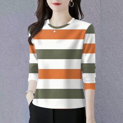 捡漏外贸 休闲圆领条纹长袖T恤女宽松显瘦遮肚打底衫妈妈装上衣