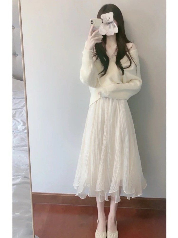 白色网纱裙女春季新款温柔小香风法式气质配毛衣高腰中长款半身裙