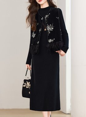 高品质 新中式加棉重工圆领毛毛丝绒马甲款优雅两件套连衣裙女