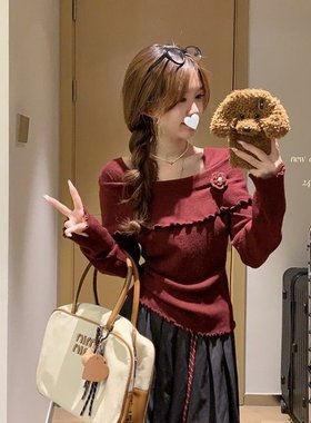 圣诞红新年红安可拉红一字肩针织衫长袖女秋冬修身内搭打底上衣