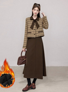 实拍 秋冬加厚小香风韩系裙子套装女翻领短外套半身裙法式小洋装