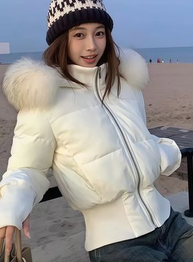 纯色大毛领连帽棉服女短款冬季收腰加厚保暖棉衣外套气质长袖上衣