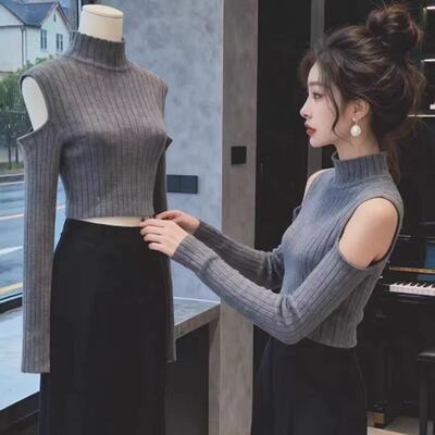 韩系chic风半高领露肩针织衫女2025秋冬季修身显瘦设计感短款毛衣