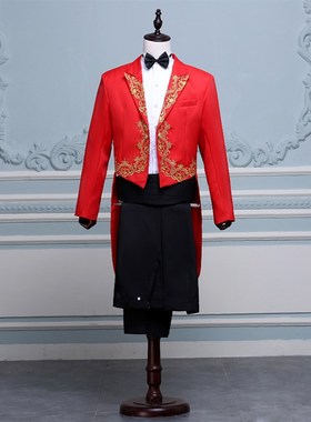 优选英伦宫c廷风西装红色绣花燕尾结婚礼服套装男中长版大尺码演