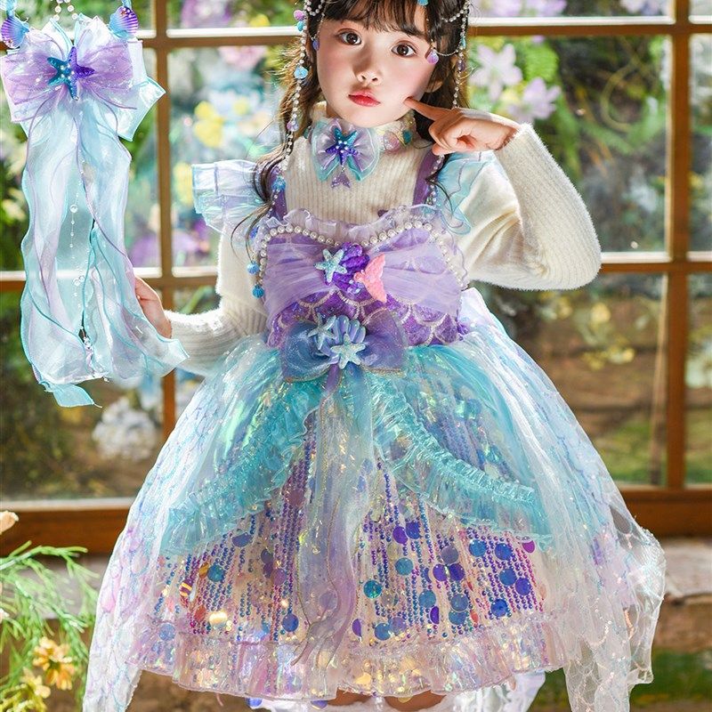 优选女童连c衣裙秋冬新款儿童美人鱼公主裙生日女孩洛丽塔礼服裙