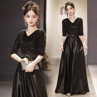 新选黑色晚d礼服装大合唱团演出女长裙表演成人主持指挥服舞台比