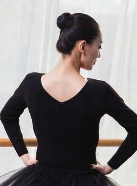 优选舞蹈服女成人芭蕾黑色保暖修身毛F衣上衣V领长袖练功服秋外套