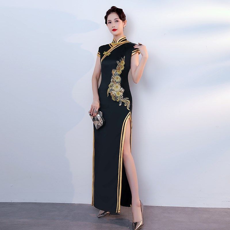 优选年新款高端大气走秀旗袍长款黑色高J级感模特舞台舞蹈表演出