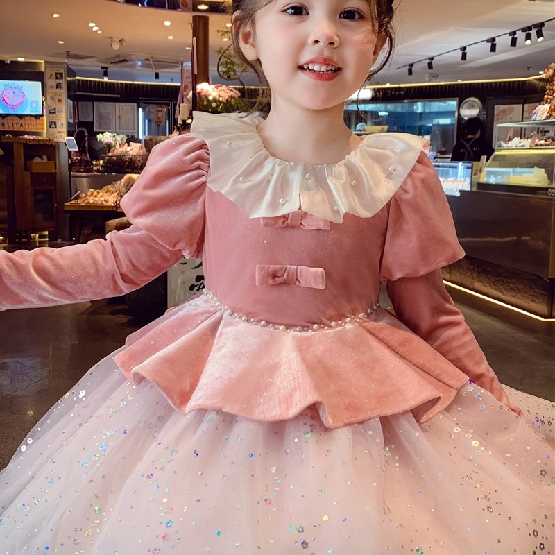 新选女童丝绒裙秋冬新款儿童法式千金风礼服蓬蓬公主Y裙女孩连衣