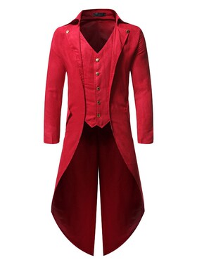 优选黄子华同款红色个性超长款假两件男I士燕尾服结婚司仪礼服大