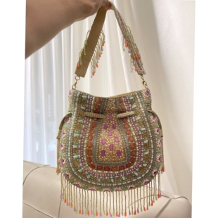 现货印度手工重工钉珠流苏手提束口福袋满珠绣串珠斜挎单肩腋下包