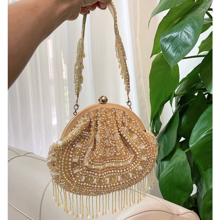 现货印度纯手工钉珠流苏手拿手提袋满珠绣串珠斜跨单肩腋下口金包