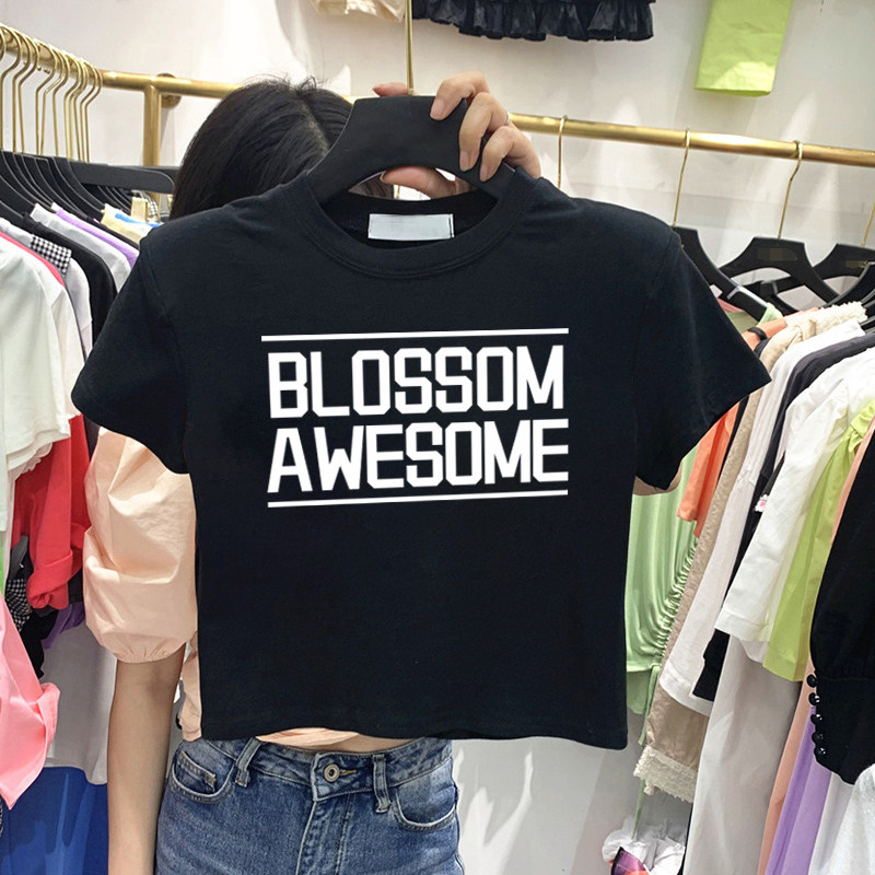 露脐高腰超短款上衣女t恤夏漏肚脐小个子黑色宽松短袖ins潮性感装