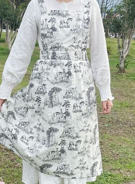 山水画韩国出口荷叶边围裙韩式麻感出口咖啡馆美甲店naver