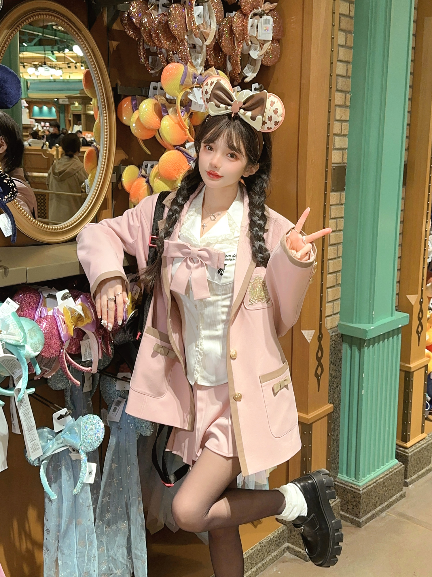 学院风廓形撞色西装百褶裙套装