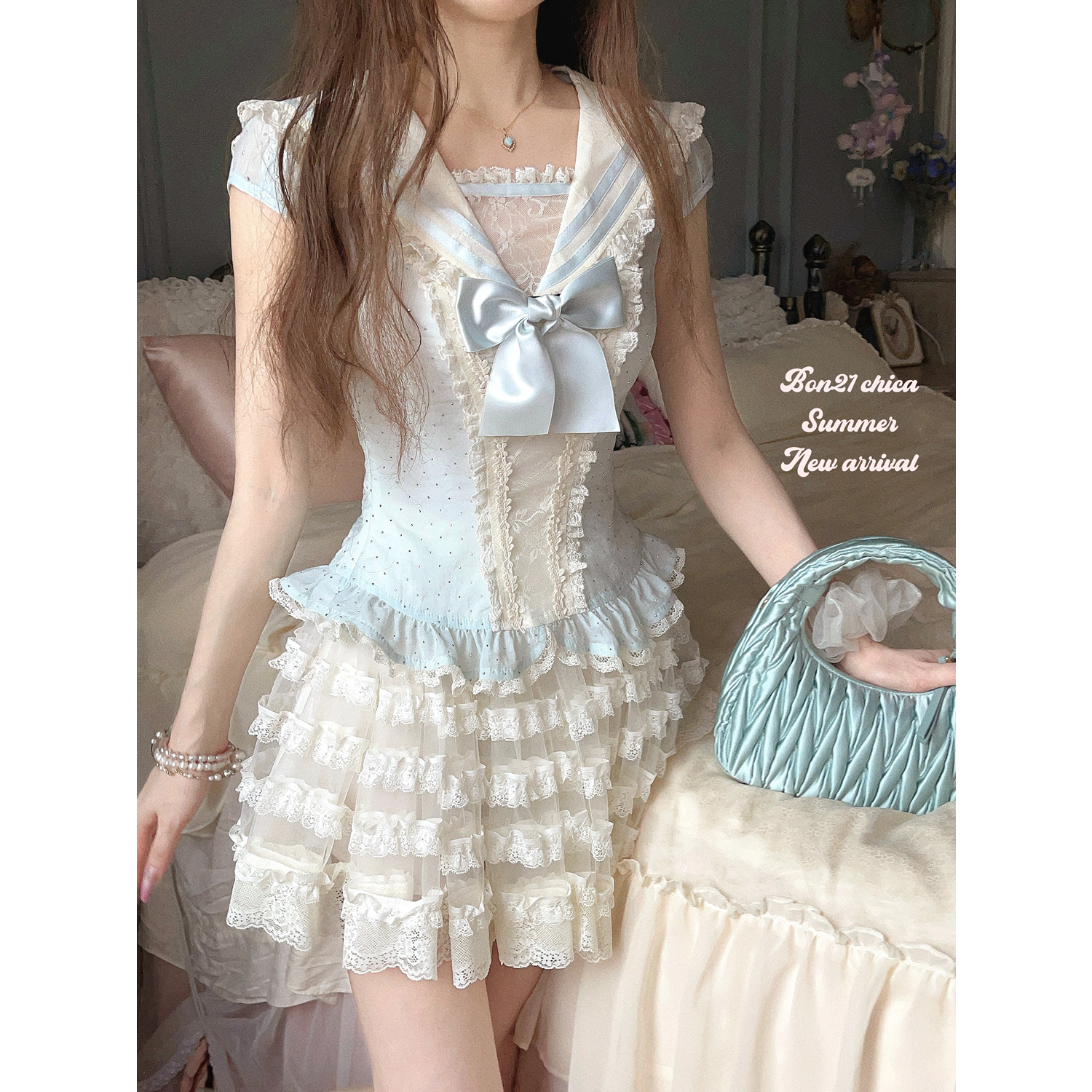 莉摩Bobon21偶像水手 闪钻海军风雪纺衫T2409