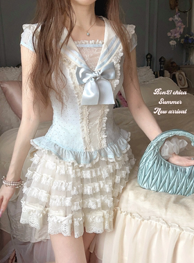 莉摩Bobon21偶像水手 闪钻海军风雪纺衫T2409