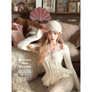 莉摩Bobon21霜花香颂 T2437 蕾丝挂脖假两件针织衫